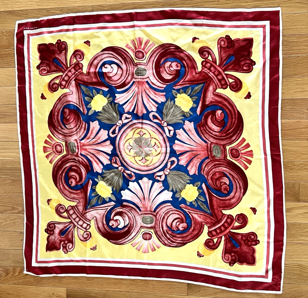 Vintage Elaine Gold Scarf Colorful Fleur de Lis Baroque Print Italy STATEMENT